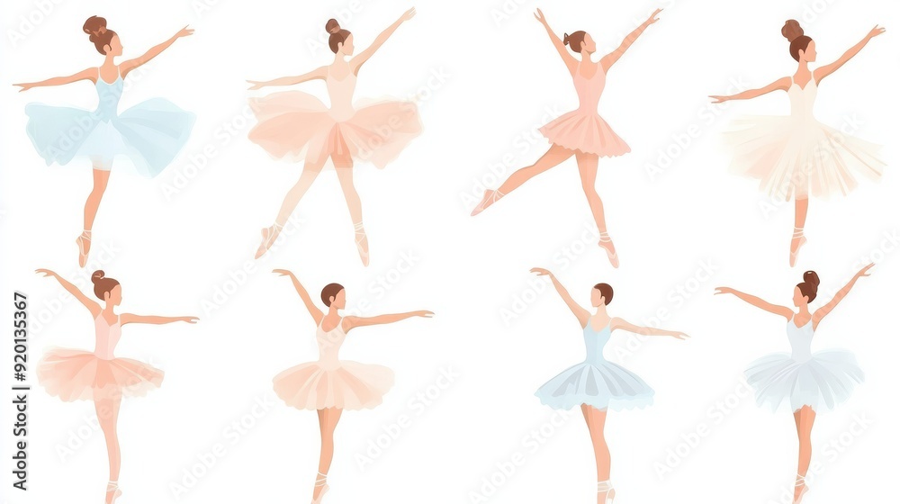 on white background. Beautiful ballerina flat vector set illustration. Beauty of classic ballet. Young graceful woman ballet dancer wearing tutu. Pointe shoes, pastel colors. on white background. Beautiful ballerina flat vector set illustration. Beauty of classic ballet. Young graceful woman ballet dancer wearing tutu. Pointe shoes, pastel colors.