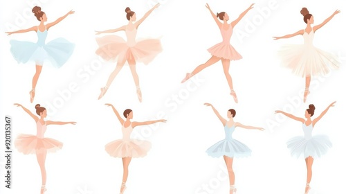 on white background. Beautiful ballerina flat vector set illustration. Beauty of classic ballet. Young graceful woman ballet dancer wearing tutu. Pointe shoes, pastel colors. 