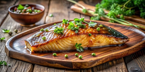 Richly glazed misoyaki butterfish fillet, caramelized to perfection, glistens with sweet and savory flavors, invitingly presented on a rustic wooden plate with fresh herbs. photo