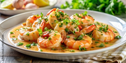 Succulent shrimp sizzle in a rich butter garlic sauce, adorned with fresh parsley and microgreens, amidst elegant drizzles and dollops on a crisp white plate.