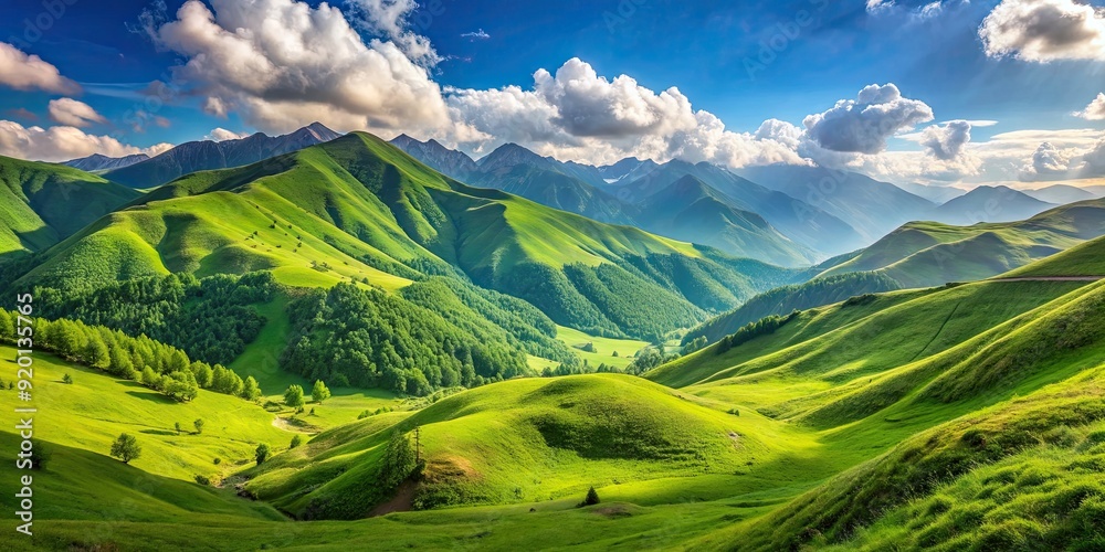 Obraz premium Beautiful green mountain landscape in sunny weather with grassy hills and blue sky in Georgia. Travel concept, nature