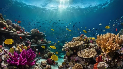 Coral reefs animation. Capture the colorful beauty with vibrant corals, diverse marine life, and a mystical atmosphere. Experience the charm of coral reefs in motion. photo