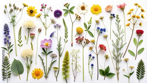 Collection of flat herbarium colourful wildflowers on background, wildflowers, colourful, flat lay, herbarium, collection photo