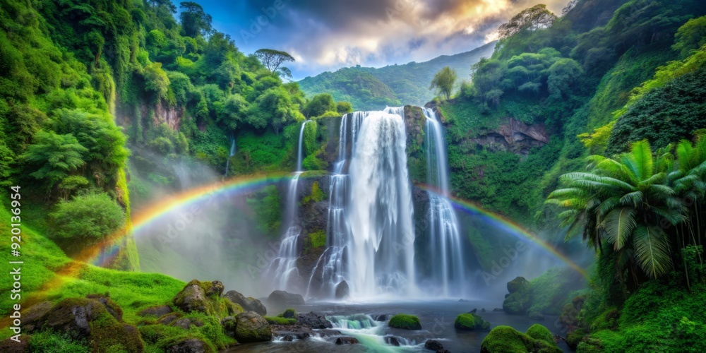 Majestic tropical waterfall cascades down steep cliff, surrounded by dense greenery, misty veil creates vibrant rainbow, in serene, untouched natural paradise atmosphere. Majestic tropical waterfall cascades down steep cliff, surrounded by dense greenery, misty veil creates vibrant rainbow, in serene, untouched natural paradise atmosphere.