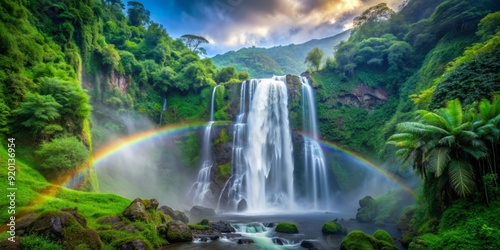 Majestic tropical waterfall cascades down steep cliff, surrounded by dense greenery, misty veil creates vibrant rainbow, in serene, untouched natural paradise atmosphere.