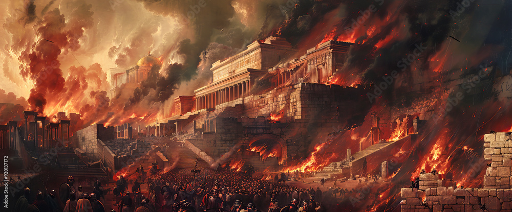 Concept of a historic destruction of Second Jewish temple during Jewish-Roman war in Jerusalem