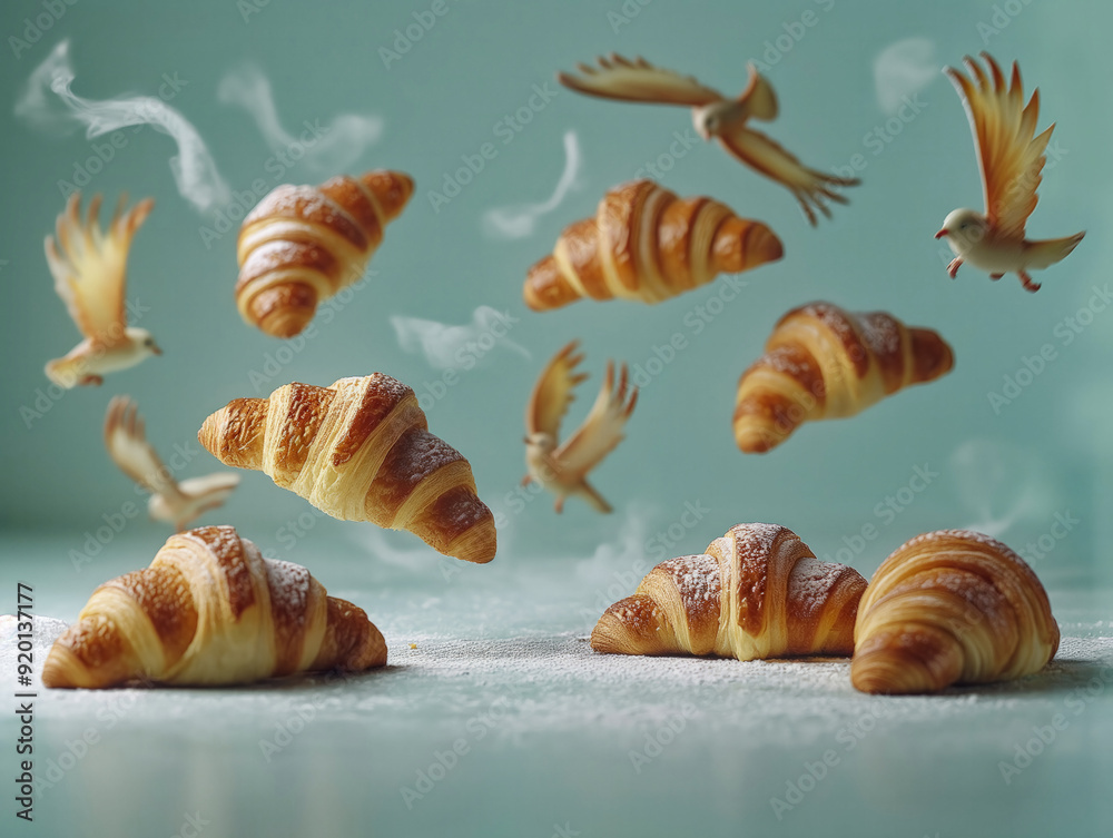 A series of croissants are flying through the air, with birds in the background. Concept of freedom and lightness, as the croissants seem to be soaring through the sky A series of croissants are flying through the air, with birds in the background. Concept of freedom and lightness, as the croissants seem to be soaring through the sky