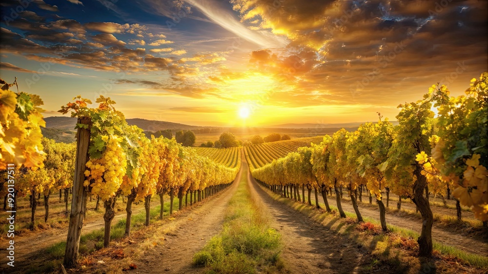 Fototapeta premium Harvest time in a golden vineyard at sunset , harvest, grapevines, autumn, golden hour, agriculture