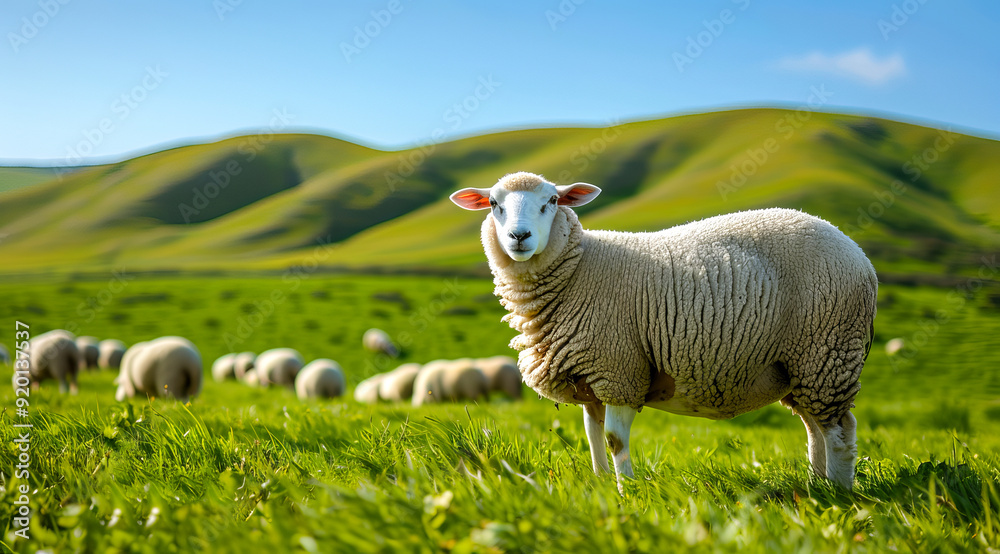 A sheep grazing in a field of green grass with other sheep in herd. A sheep grazing in a field of green grass with other sheep in herd.