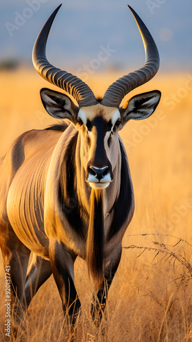 Majestic Portrait of Gnu Antelope in its Natural Savannah Habitat Against the Backdrop of Azure Skies