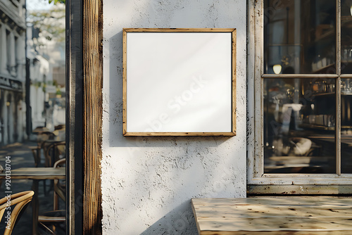 Empty square signboard with a wooden frame mounted on a rustic exterior wall of a cafe, capturing a vintage street view. photo