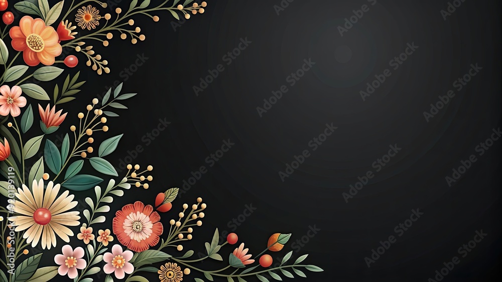 Obraz premium Flat black background adorned with a delicate flower ornament, black, background, flat, texture, decoration, floral
