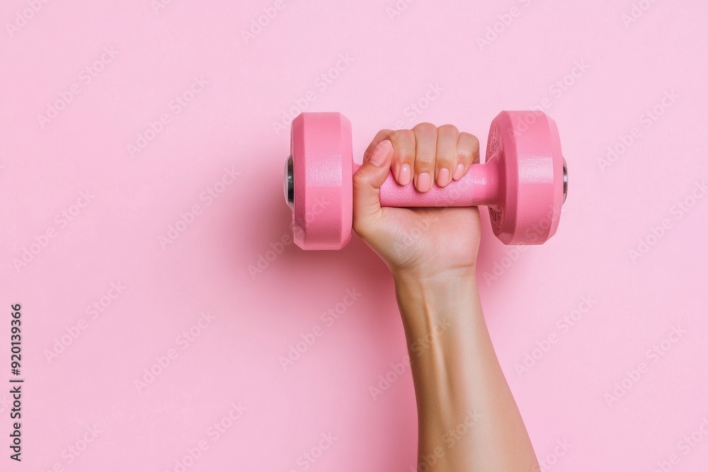 custom made wallpaper toronto digitalHand holding a pink dumbbell, symbolizing strength and fitness in a minimalist style with a pink background.