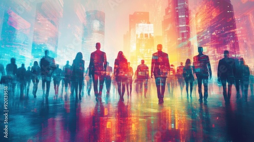 Mixed media of group of multinational people and digital technology concept. Management strategy. Human resources. Wide angle visual for banners or advertisements. 