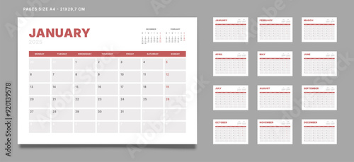 Set of 12 Pages Monthly Calendar Planner Templates on 2025 year. Vector mockup of a wall or desktop calendar with the week start on Monday for print. Pages size A4 -21x29.7cm