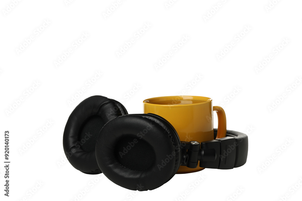 PNG,A cup of tea with headphones, isolated on white background PNG,A cup of tea with headphones, isolated on white background