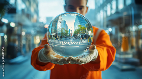 A man standing in a laboratory wearing orange work clothes, the focus is on the glass orb in his hands, inside the glass orb is an image of a downtown intersection with green surroundings