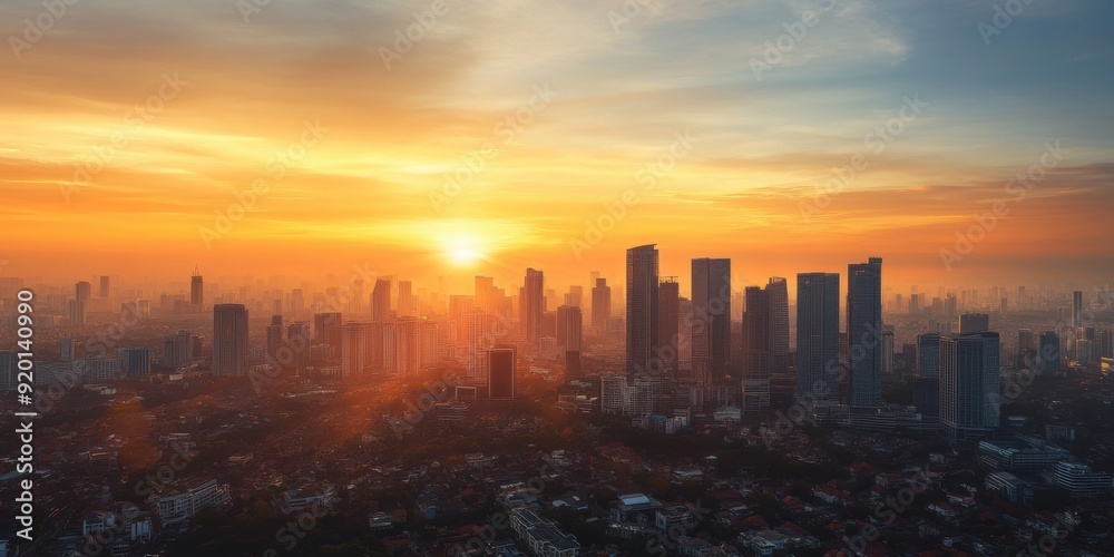 Fototapeta premium Abstract background. Sunset cityscape with a warm orange glow over skyscrapers and urban landscape. Captures the essence of urban life and evening tranquility.