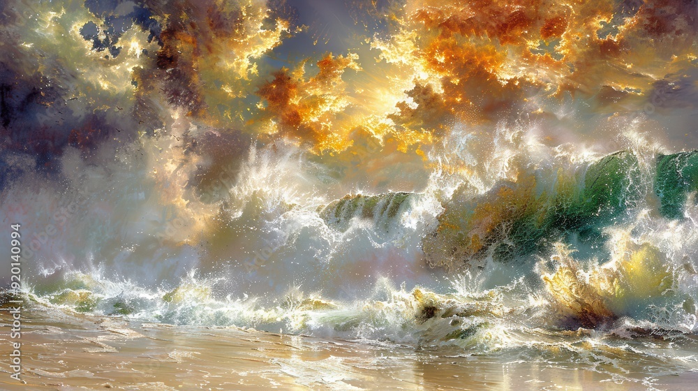 Obraz premium Majestic and Dramatic Ocean Waves Crashing Under Fiery Sky - Captivating Abstract Seascape Art Depicting Nature's Raw Power and Beauty
