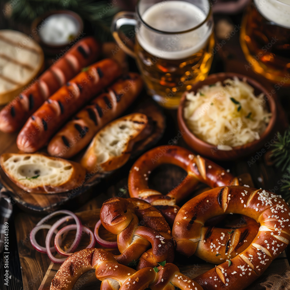 A close-up shot of a traditional Oktoberfest feast on a rustic wooden table A close-up shot of a traditional Oktoberfest feast on a rustic wooden table