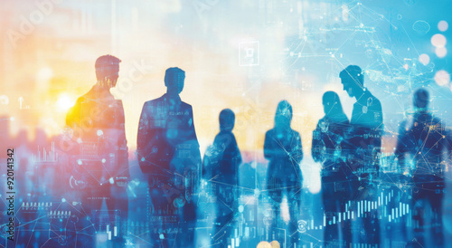 Business Team Silhouette Communicating with Digital Technology in Global Office Environment. Conceptual Image of Teamwork and Business Strategy.