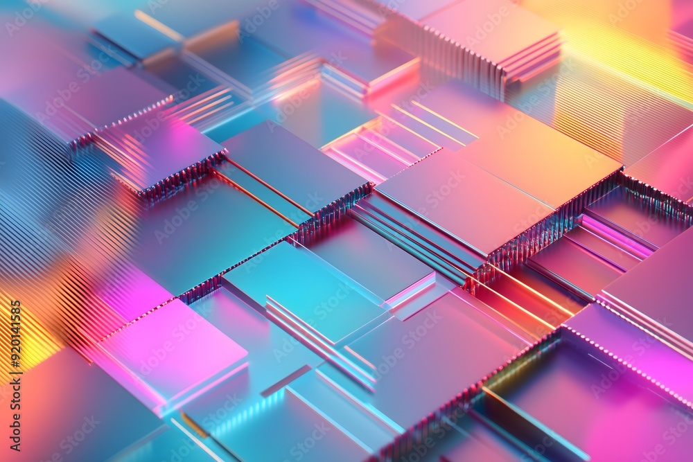 A vibrant 3D render showcasing a geometric grid with interlocking blocks and neon lights, creating a dynamic and futuristic composition Generative AI A vibrant 3D render showcasing a geometric grid with interlocking blocks and neon lights, creating a dynamic and futuristic composition Generative AI