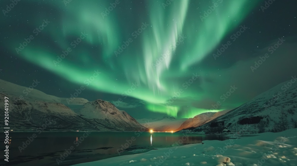 Naklejka premium Northern Lights Display Over Snowy Mountains