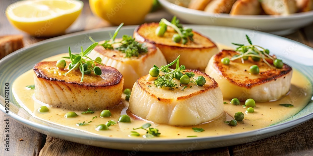 Juicy pan-seared diver scallops sizzle on a plate, smothered in a rich lemon beurre blanc sauce, garnished with microgreens and served with toasted bread. Juicy pan-seared diver scallops sizzle on a plate, smothered in a rich lemon beurre blanc sauce, garnished with microgreens and served with toasted bread.