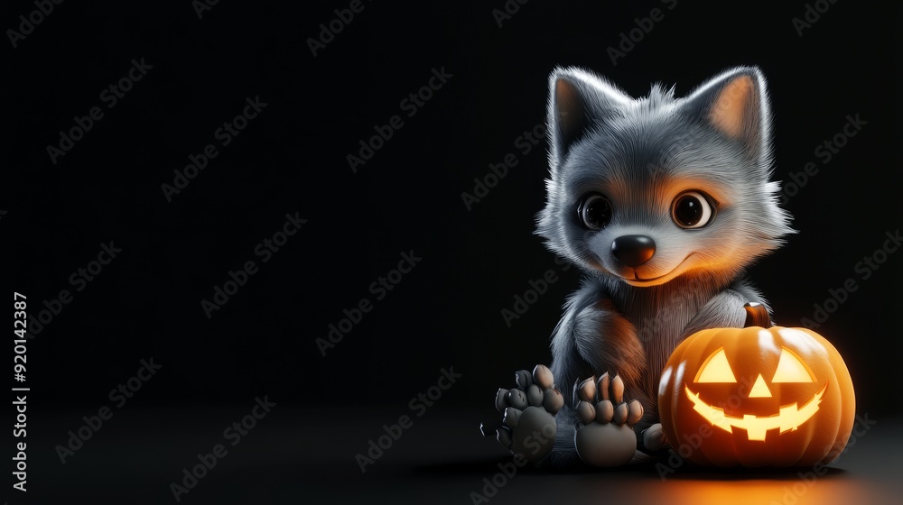 Cute Wolf Cub with Jack-o'-Lantern for Halloween