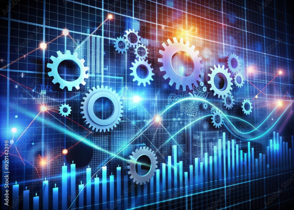 Abstract digital representation of interconnected gears, charts, and ...