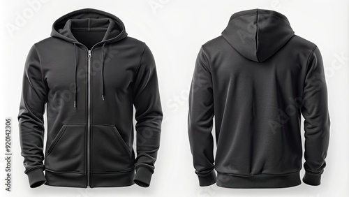 Blank black hooded sweatshirt mockup with zipper, including front, side, and back views , hoodie, sweatshirt, mockup, black