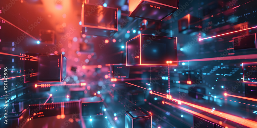 Obraz premium abstract geometric red and blue neon background. many futuristic cubes in space. 3D illustration