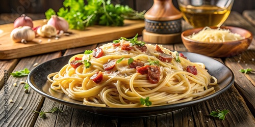 Freshly cooked spaghetti carbonara adorned with crispy prosciutto and parmesan cheese, shot against a rustic wooden background with warm golden lighting.