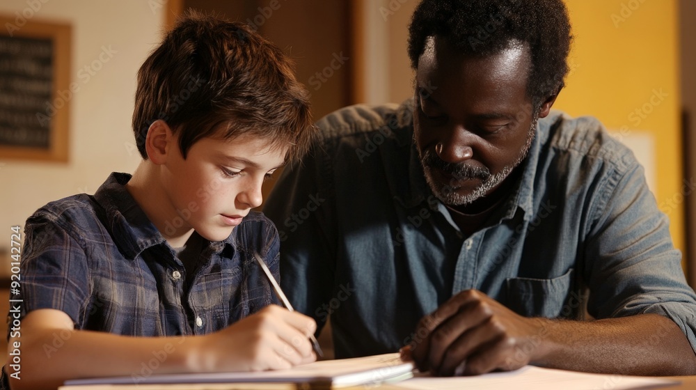 Amidst the quiet hum of a study room, an African father helps his Caucasian teenage son prepare for an upcoming exam. Amidst the quiet hum of a study room, an African father helps his Caucasian teenage son prepare for an upcoming exam.