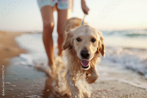 Golden retriever walking on beach with owner