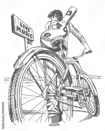 Hand drawn illustration of a young man on a bicycle with a guitar on his back. Art for printing on t-shirts, decoration, etc.