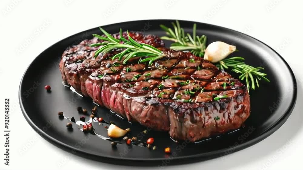 A perfectly cooked ribeye steak with grill marks, garnished with rosemary and garlic, served on a black plate, isolated on white background suitable for food advertising A perfectly cooked ribeye steak with grill marks, garnished with rosemary and garlic, served on a black plate, isolated on white background suitable for food advertising