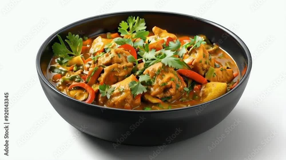 A bowl of aromatic curry with chunks of tender chicken, vegetables, and fresh herbs. isolated on white background suitable for food advertising A bowl of aromatic curry with chunks of tender chicken, vegetables, and fresh herbs. isolated on white background suitable for food advertising
