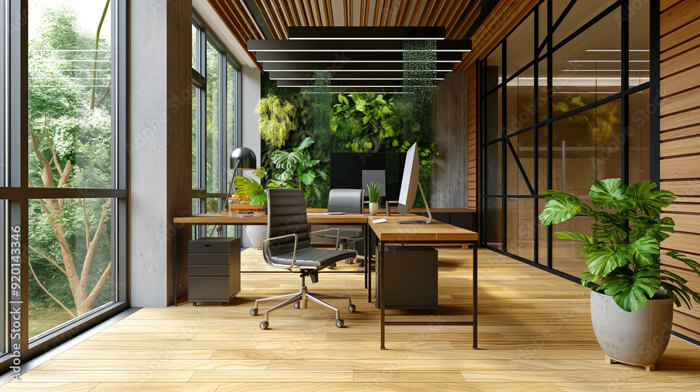 Fototapeta premium contemporary office interior design that integrates biophilic elements such as indoor plants, green walls, and natural materials. open spaces with abundant natural light. eco friendly office 