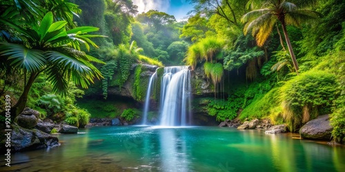 Lush greenery surrounds a secluded tropical waterfall, cascading water flows into a serene natural pool, creating a peaceful and idyllic hidden sanctuary.