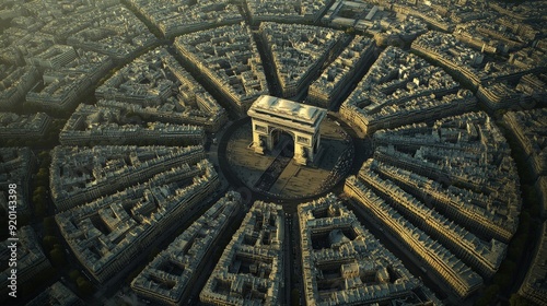 Fototapeta Naklejka Na Ścianę i Meble -  An aerial perspective of the Arc de Triomphe reveals the intricate network of streets converging at this iconic landmark.