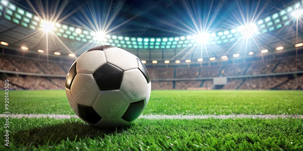 Fototapeta premium Soccer ball on green field during a match, soccer, football, sports, game, competition, grass, goal, score, team, match