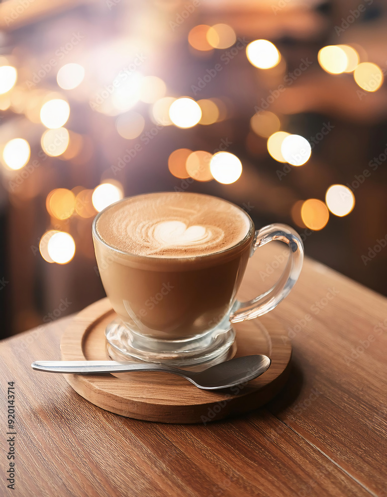 A cup of cappuccino with latte art on wooden table against bokeh lighs in coffee shop. copy space A cup of cappuccino with latte art on wooden table against bokeh lighs in coffee shop. copy space