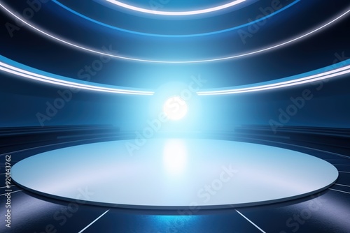 Abstract futuristic blue background with a circular platform.