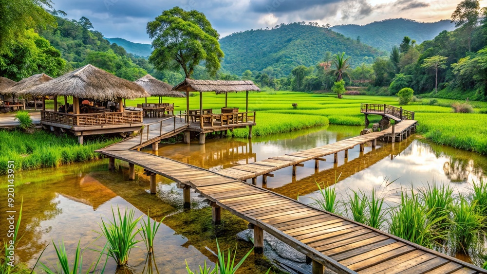 Naklejka premium Beautiful natural landscape of wooden bridge Ban Tai Lue Cafe in Pua District, Nan, Thailand , nature