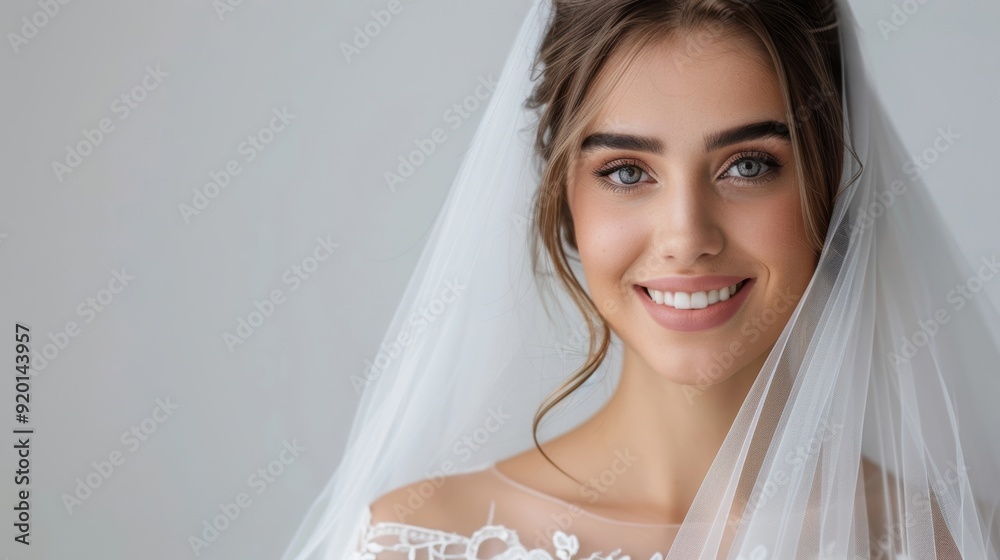 A beautiful bride wearing a delicate veil and smiling, showcasing elegance and joy on her special wedding day. A beautiful bride wearing a delicate veil and smiling, showcasing elegance and joy on her special wedding day.