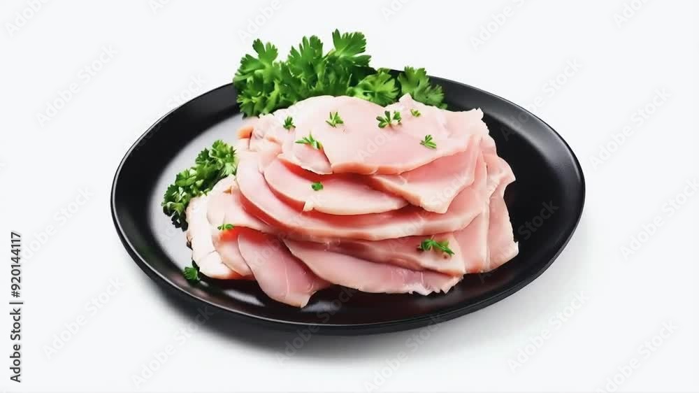 Slices of tender chicken ham with a light pink hue, garnished with fresh parsley, served on a black plate, isolated on white background suitable for food advertising Slices of tender chicken ham with a light pink hue, garnished with fresh parsley, served on a black plate, isolated on white background suitable for food advertising