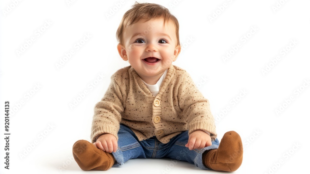 Picture of small happy boy isolated. Full body. He is 8 months old, on white background Picture of small happy boy isolated. Full body. He is 8 months old, on white background