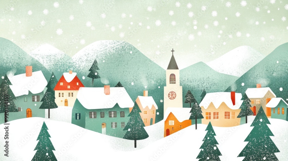Fototapeta premium Idyllic Winter Village Scene with Falling Snow and Festive Atmosphere