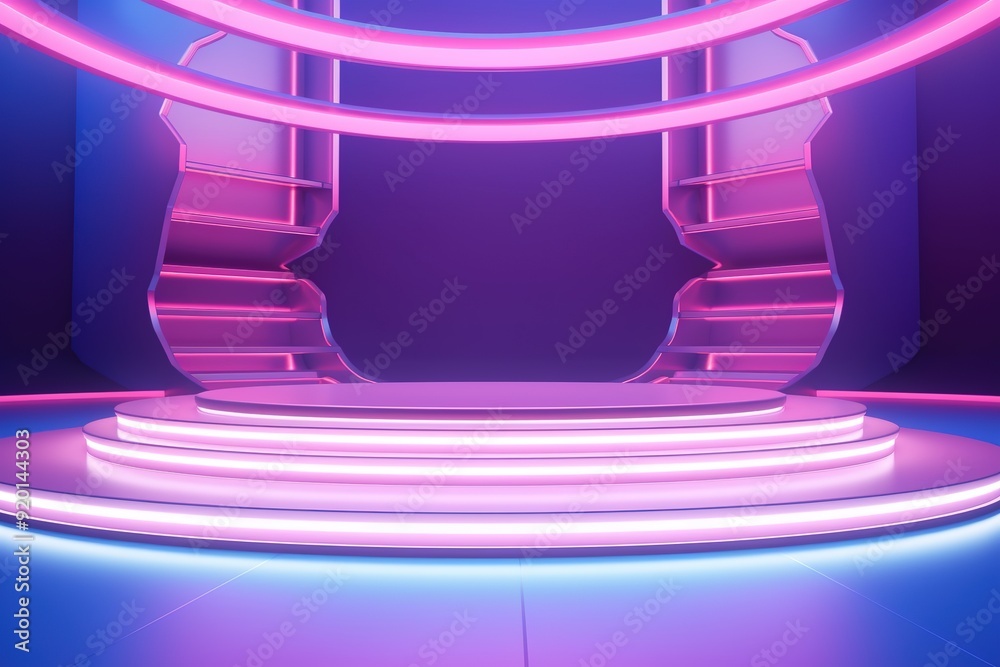 Futuristic platform with glowing neon lights and purple background. Futuristic platform with glowing neon lights and purple background.